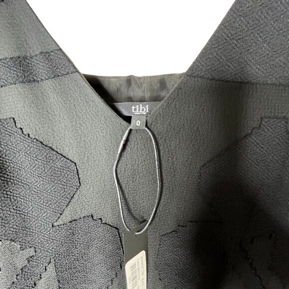 NWT Tibi New York V-Neck Silk Embroidered Black Sheath Dress Sz 0 Midi Ruffle - Picture 7 of 12